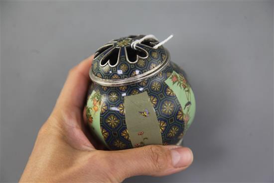 A fine Japanese silver and cloisonné enamel koro and cover by Namikawa Yasuyuki (1845-1927), Meiji period, slight damage, 8.5cm high